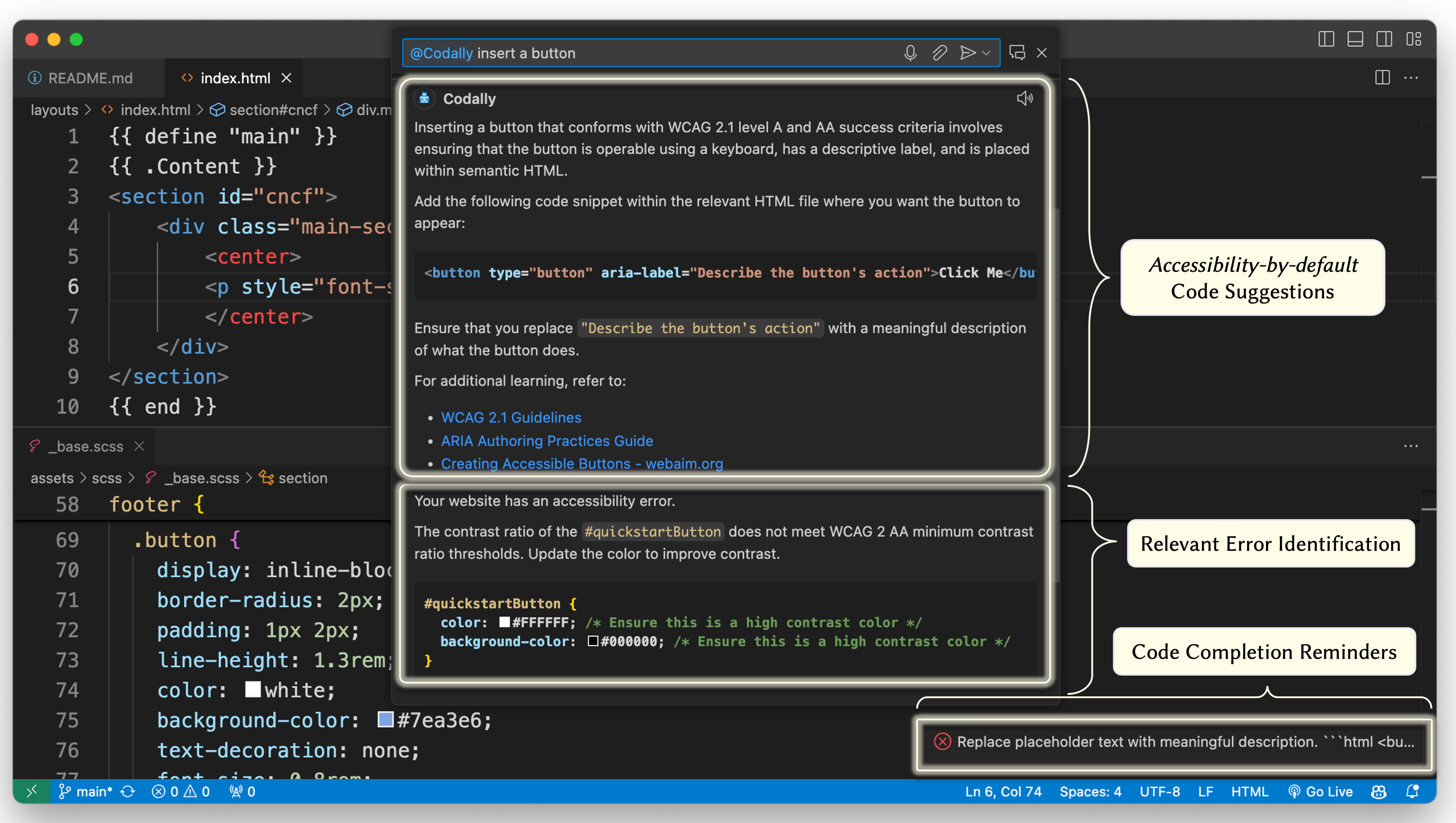 The interface of the extension is displayed along with its features: (1) Accessibility-by-default Code Suggestions, (2) Relevant Error Identification and (3) Code Completion Reminders.