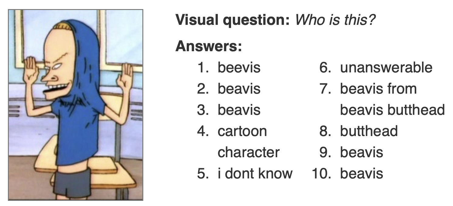 An example image captured by blind users in the VizWiz dataset asking about a cartoon character.